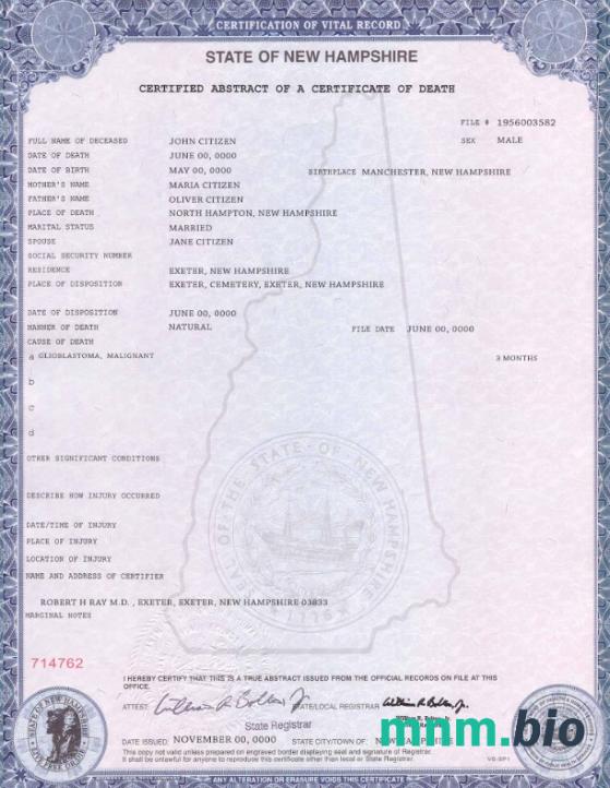 USA state New Hampshire śmierć certyfikat szablon w formacie PSD